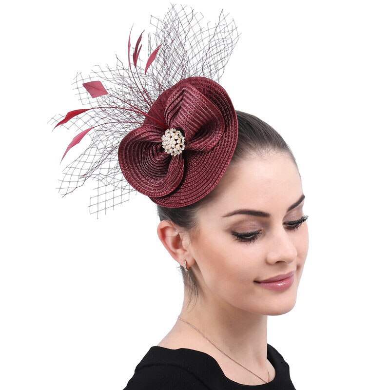 FS – chapeaux de mariage rouge vin pour femmes, chapeau de Cocktail, , avec nœud papillon: Wine Red