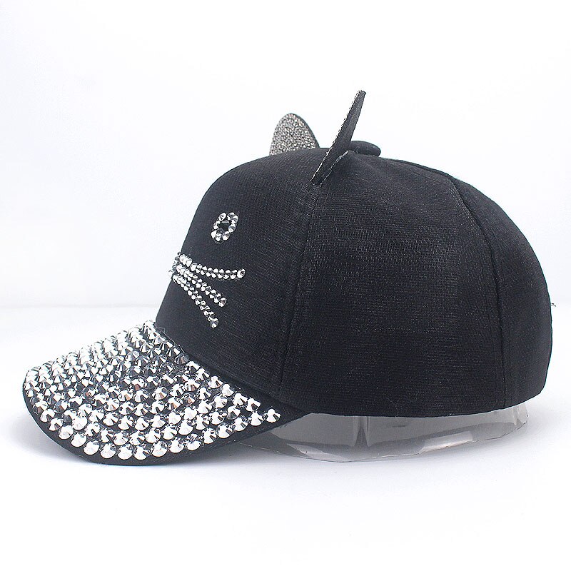 Gorra de béisbol ajustable con orejas de gato para niños, gorro con diamantes de imitación, perlas, ajustable, para primavera y verano