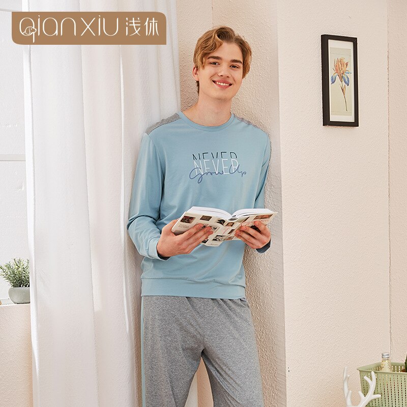 Men's Cotton Pajamas Letter Sleepwear man long sleeve blue Pajama Sets Casual Sleep&Lounge Pyjamas male round collar Pijama