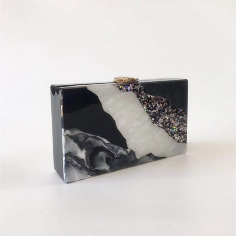 BlingBling Acrylic Evening Bag Marble Pattern Black White Flap Handbags Casual Patchwork Party Prom Wedding Clutch Purse