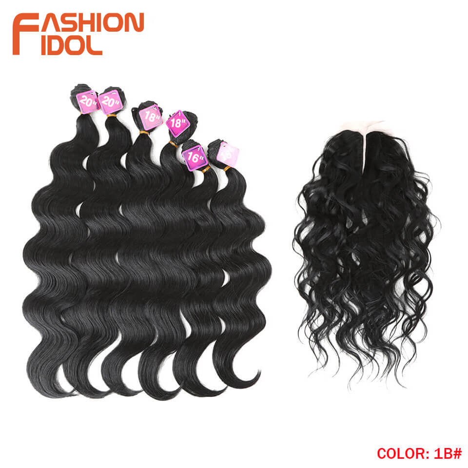Mode Idol Body Wave Krul Haar 16-20 Inch 7 Stuks/partij 240G Synthetisch Haar Bundels Met Sluiting Midden deel Vetersluiting Fiber: #1B
