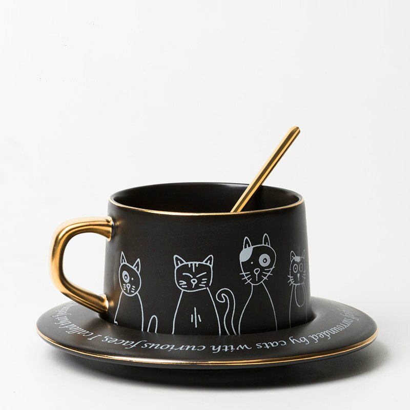 Tasse à café européenne et soucoupe ensemble dessin animé chat à la main porcelaine nordique Ins Simple noir blanc tasse à café le pichet