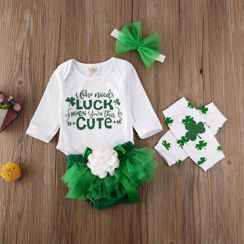 Día de San Patricio niño niña camisetas de manga larga + pantalones cortos de malla + cubierta de pie + traje con diadema 4 Uds conjuntos de trajes