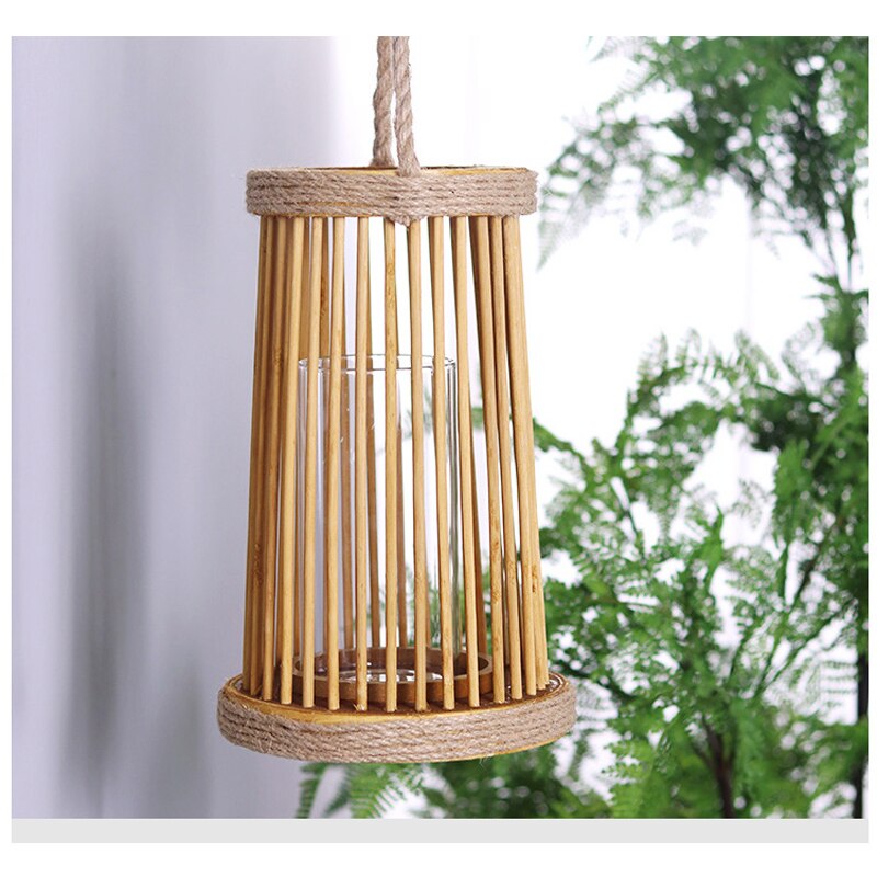 European Indoor And Outdoor Decor Natural Willow Wicker Hanging Wooden Candle Lantern With Hemp Rope Handle And Glass Cup Inside