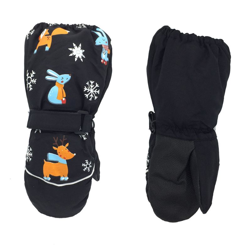 Winter Children Print Cartoon Deer Rabbit Thickening Ski Gloves Kids Windproof Waterproof Non-slip Long-sleeved Mittens AXYA: Black