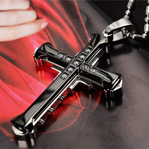 Cross Necklace For Men Jesus Crystal Cross Pendant Necklace Black Silver Color Stainless Steel Necklace Jewelry: Black