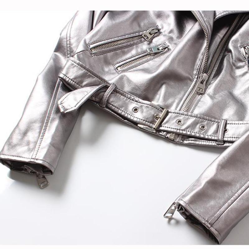 Womens Short Parka Coat Leather Biker Silver Motorcycle Zipper Jackets Outerwear