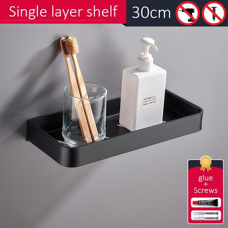 Sorte badehylder badeværelseshylde arrangør sømfri shampooholder hylder opbevaring hyldeholder badeværelseskurvholder  el1018: Hylde 30cm