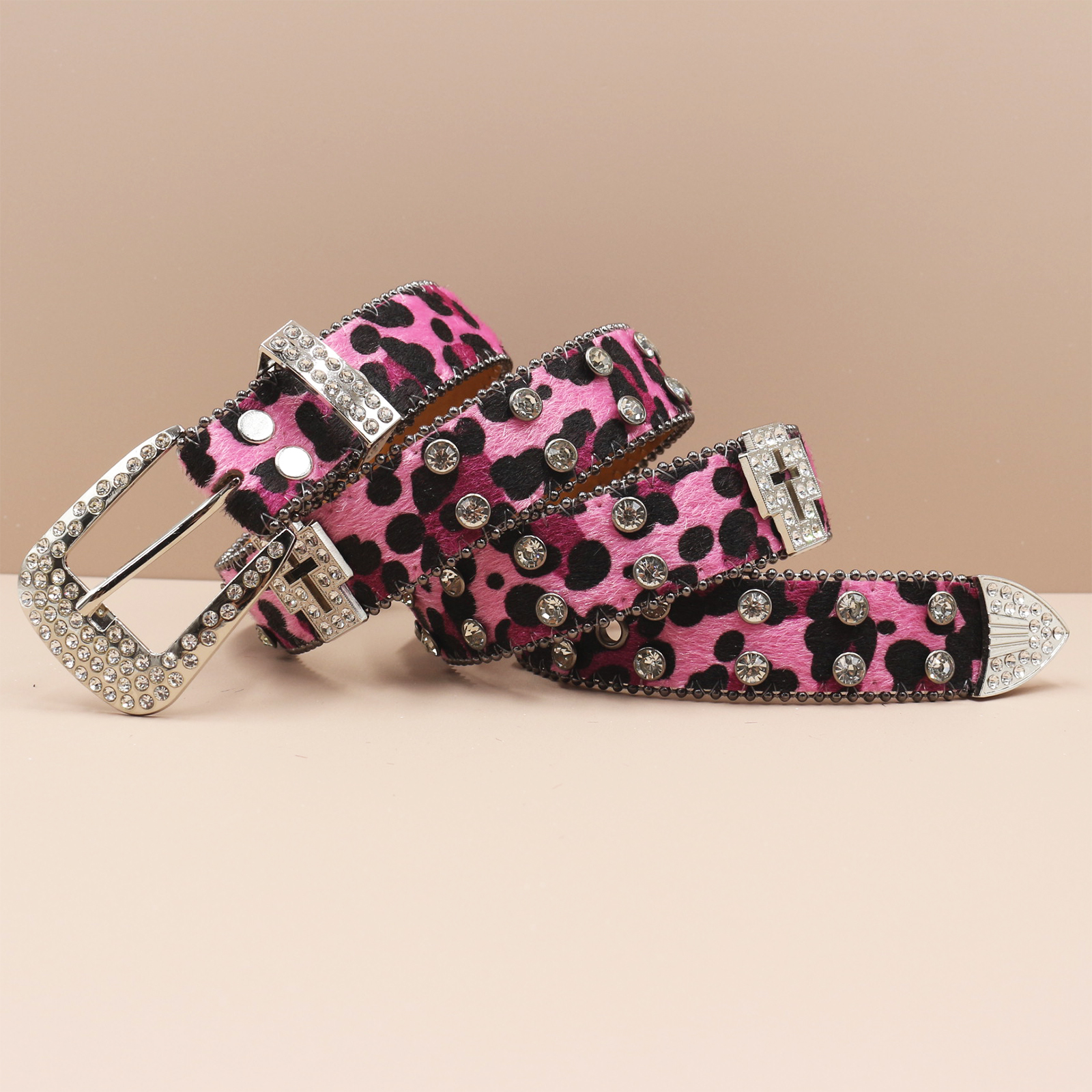 Cinturones con estampado de leopardo de 3,3 cm, cinturón vaquero con diamantes de imitación para mujer, cinturón vaquero occidental con de tachuelas brillantes, cinturones de cuero estilo Punk Rock Y2K
