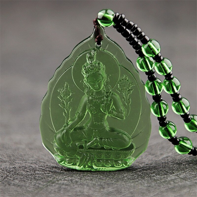 1pc Liuli Crystal Buddha Green Tara Pendant Amulet Buddha Charms Tibetan Buddhism Religion Amulet Pendant Crystal Beads Necklace: 9