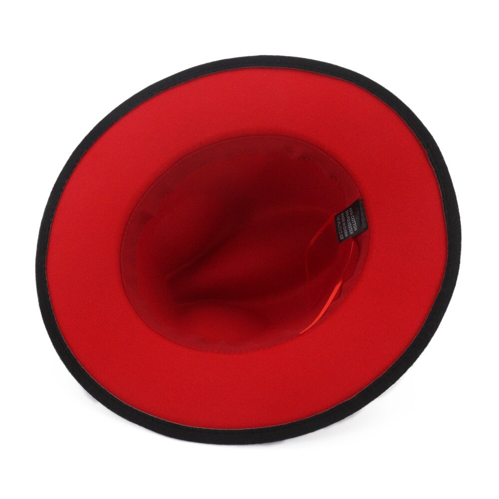 Qiuboss 60 cm stor hovedstørrelse sort rød patchwork uldfilt jazz fedora hatte kasketter bred brim panama trilby cap til mænd kvinder