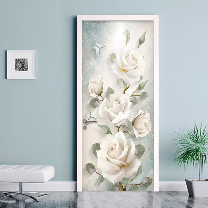 Modern Flowers Oil Painting 3D Wall Door Sticker Living Room Bedroom Wallpaper PVC Self-Adhesive Waterproof Home Door Decal 3 D