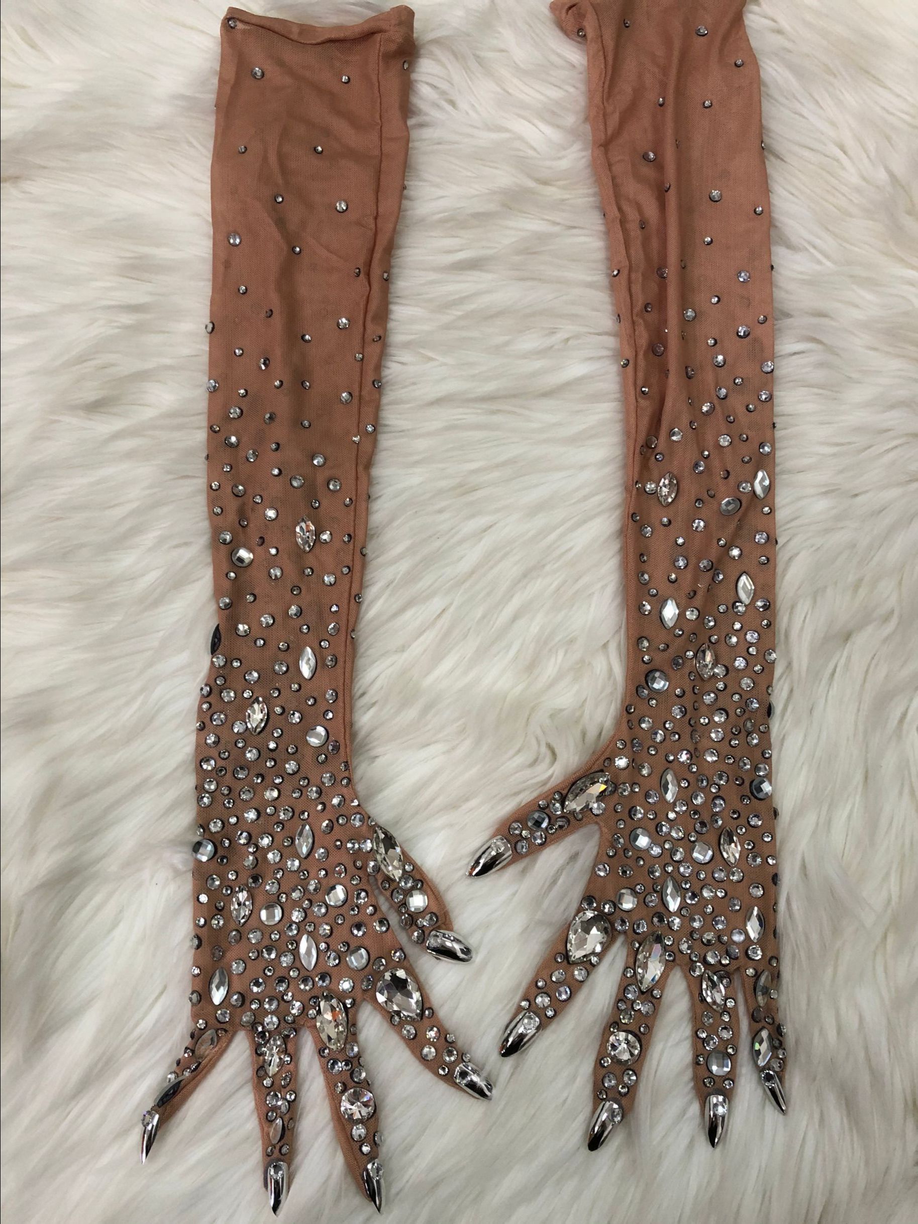 Luxurious Stretch Rhinestones Gloves Women Sparkly Crystal Mesh Long