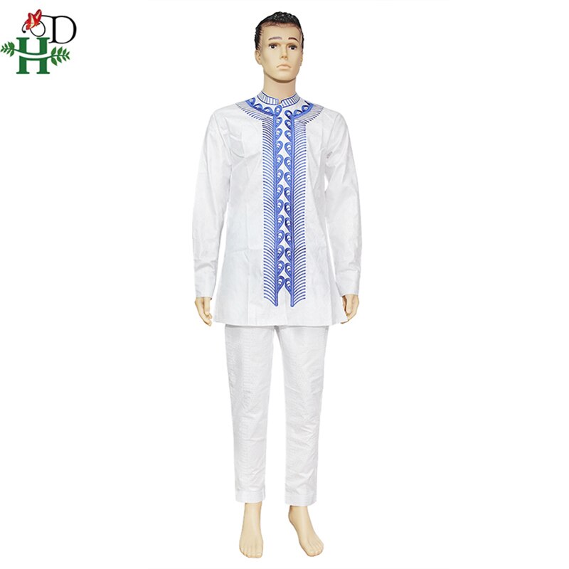 H & D Africain hommes blanc vêtements Dashiki chemise pantalon costume Robe Bazin Brode Riche pantalon ensemble Boubou Africain Homme PH8090: 4XL