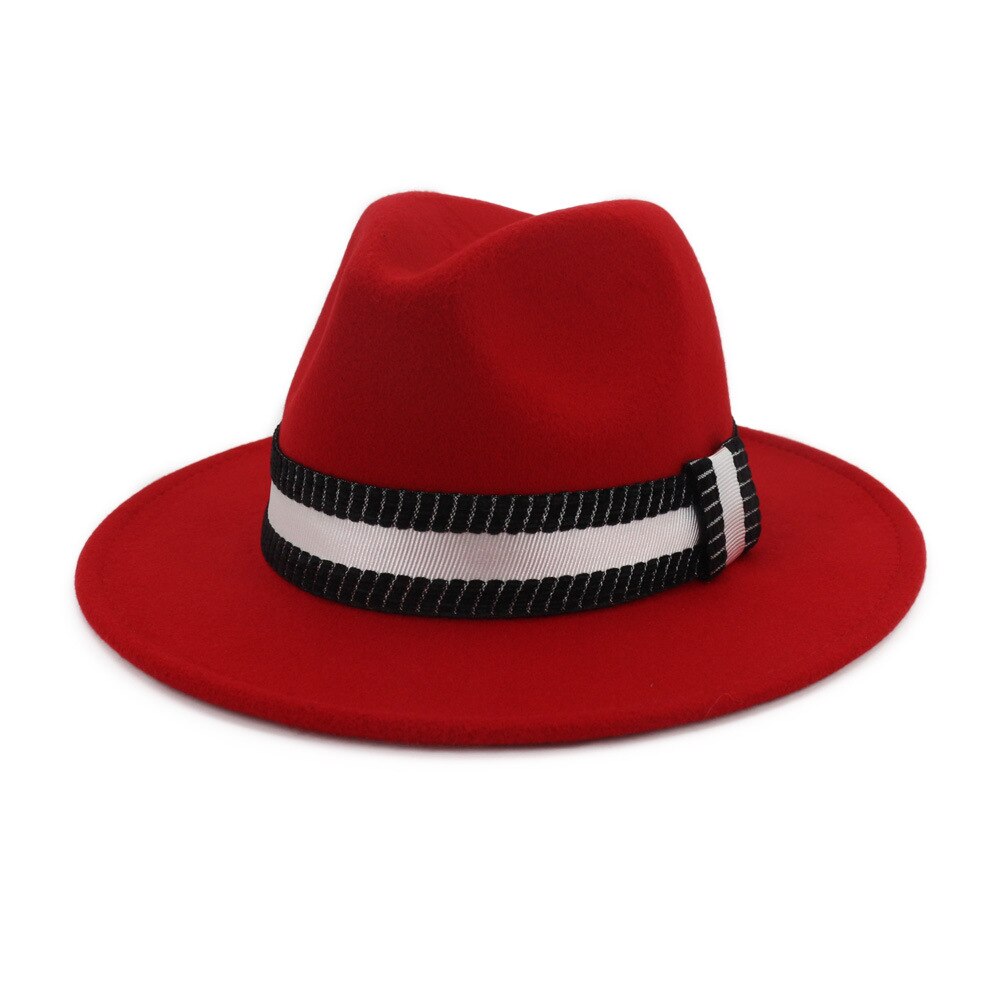 Fs leveälierinen fedora hattu naisille villahuopahatut miehille syksy talvi panama gamble jazz lippalakki raidallinen musta valkoinen nauha: Punainen