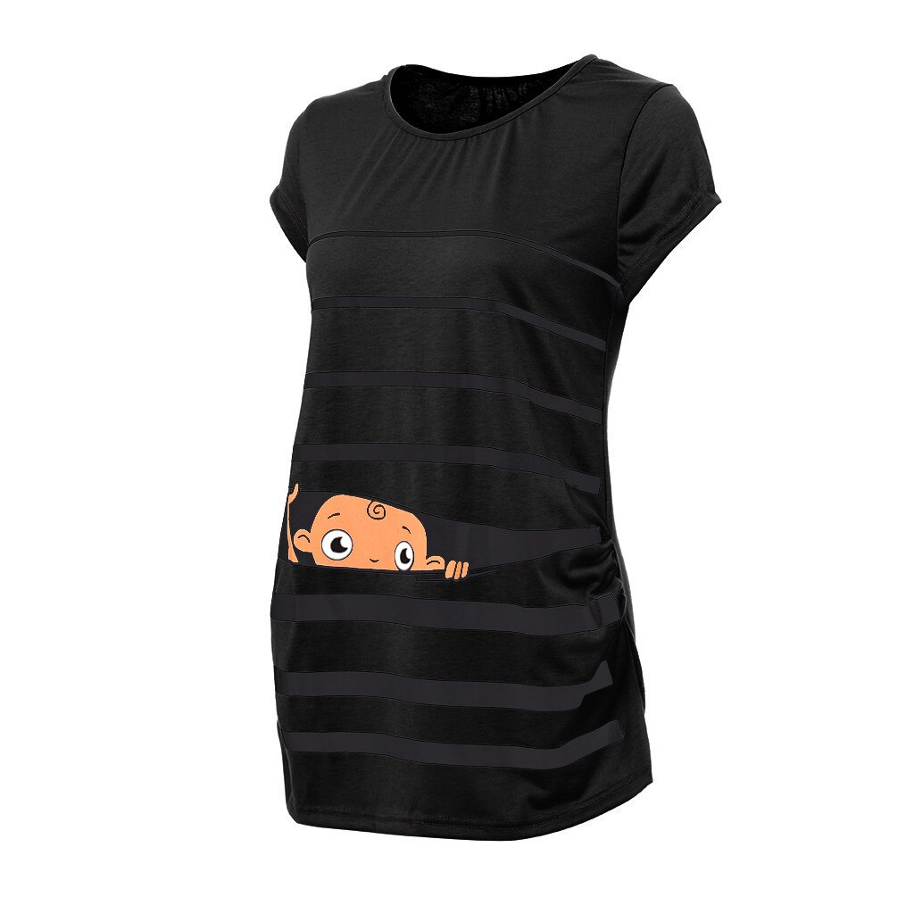 Mutterschaft T-Shirt Nette Lustige Baby Druck Gestreift Kurzarm T-Shirt Schwangere Spitzen Mutterschaft Oansatz Frauen Bluse Pflege oben