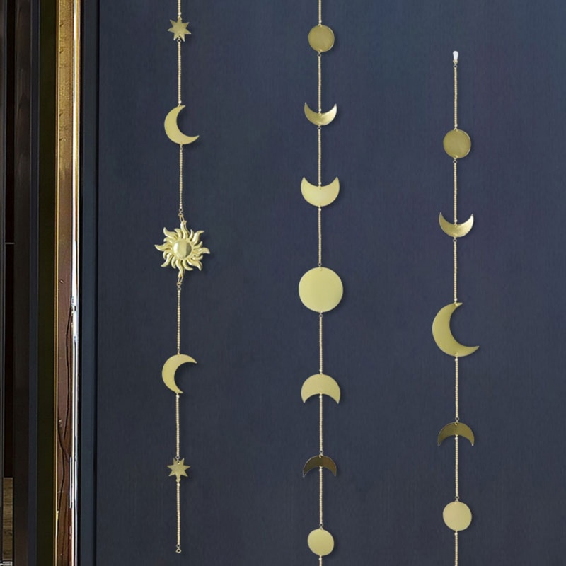 Décoration murale suspendue en forme de lune ou de soleil, pièce ronde en métal, pour salon, pour enfants, avec chaînes