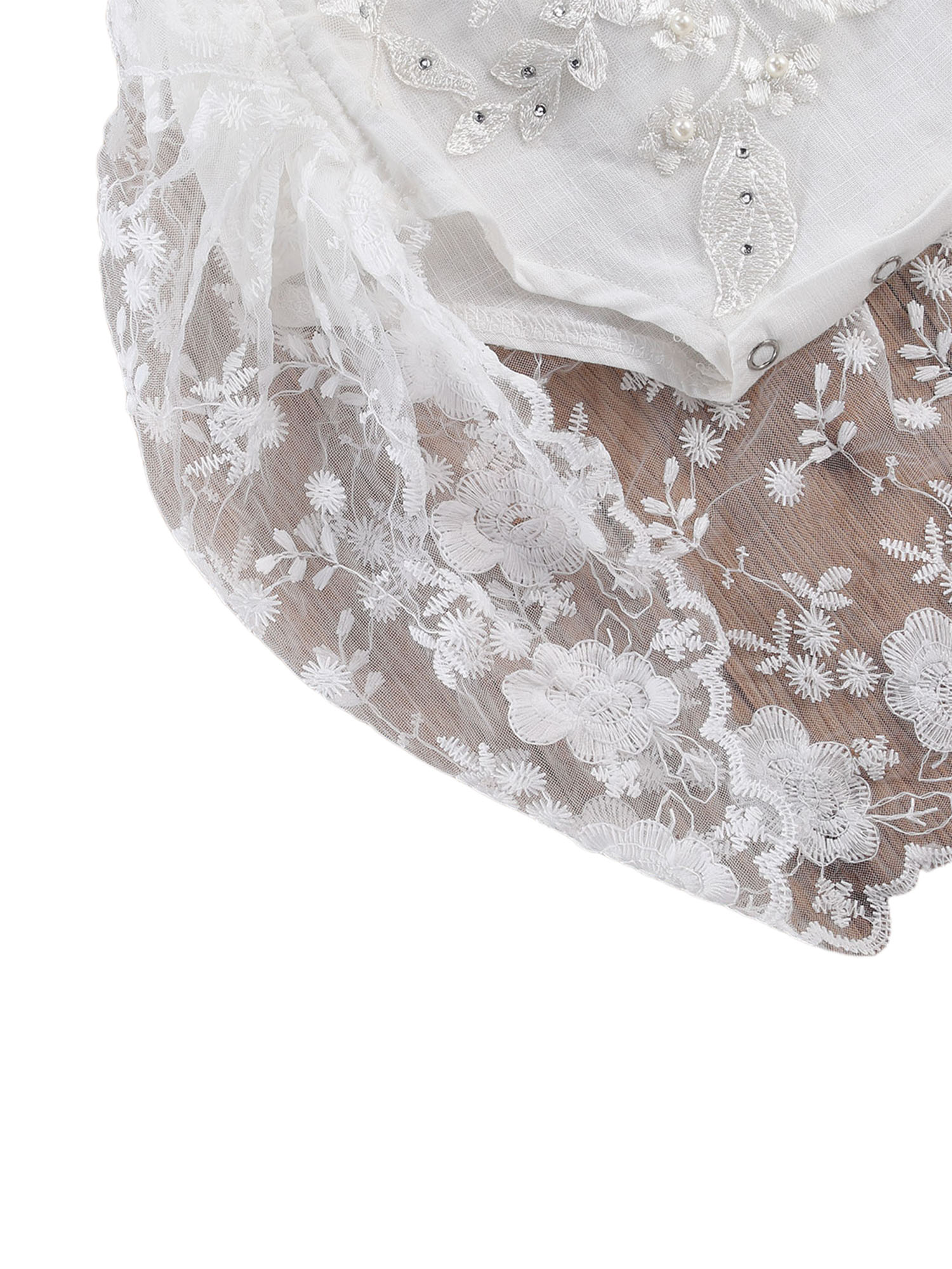 Baby Girl's Lace 3D Flower Embroidery Pearl Sweet Princess Romper, White Square Collar Falbala Flying Sleeve Jumpsuit