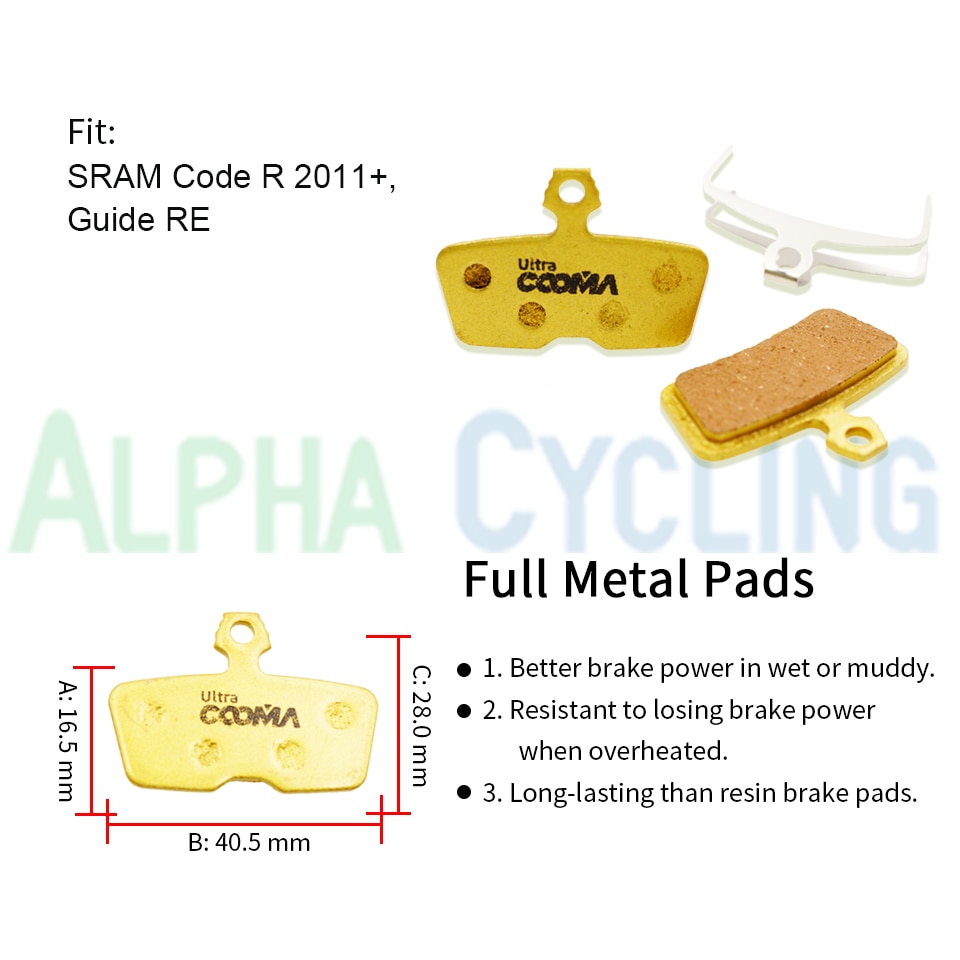 Fiets Schijfremblokken voor SRAM Code R, Code, Gids sinds Schijfrem, 4 Pairs, Gold Full Metal