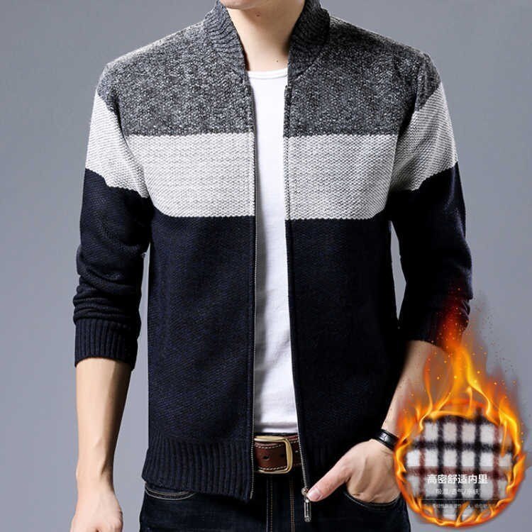 Herfst heren dikke sweaterjas gestreepte staande kraag rits trui jas bovenkleding winter fleece kasjmier voering truien