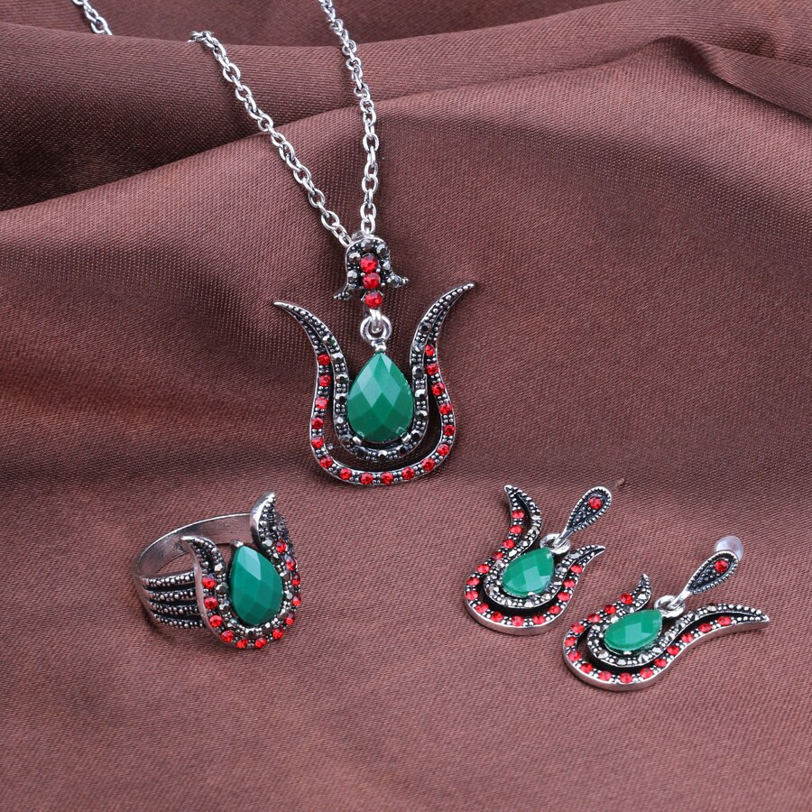 Kinel turquia conjuntos de jóias moda cor prata feminino retro verde pingente colar brinco anel de cristal rosa conjunto de jóias