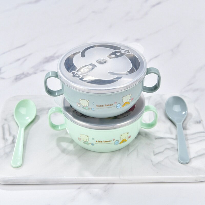 Cuenco de acero inoxidable sin BPA para bebé, juego de cuchara aislante, vajilla para niños, cuenco de comida con estampado de dibujos animados
