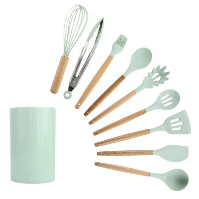 11 st silikon köksredskap set, rosa massivt trä handtag med förvaringslåda, köksutrustning kit köksredskap tillbehör: 9pc blå c