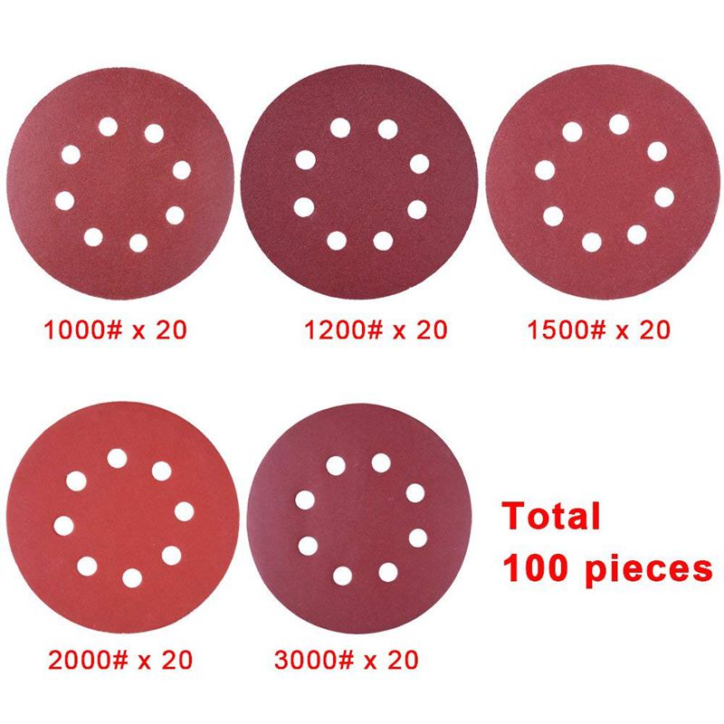 100 stykker 8 huller slibeskiver , 5 tommer krog og løkke 1000/1200/ 1500/2000/ 3000 sandpapirkorn sortiment til løbebane