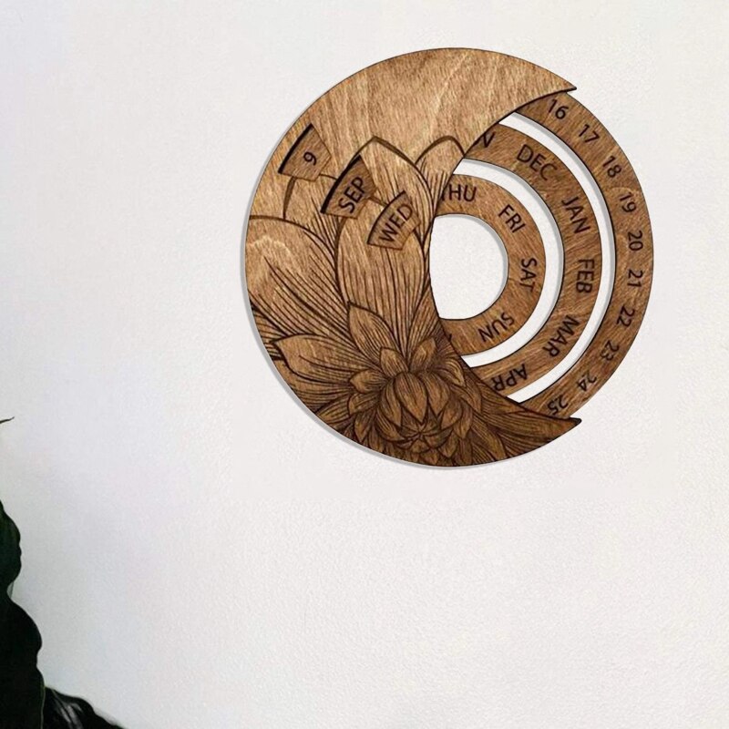 10Inch Wooden Wall Mounted Perpetual Calendar Circular Rotatable Moon Forever Calendar Wall Art for Home-Charcoal
