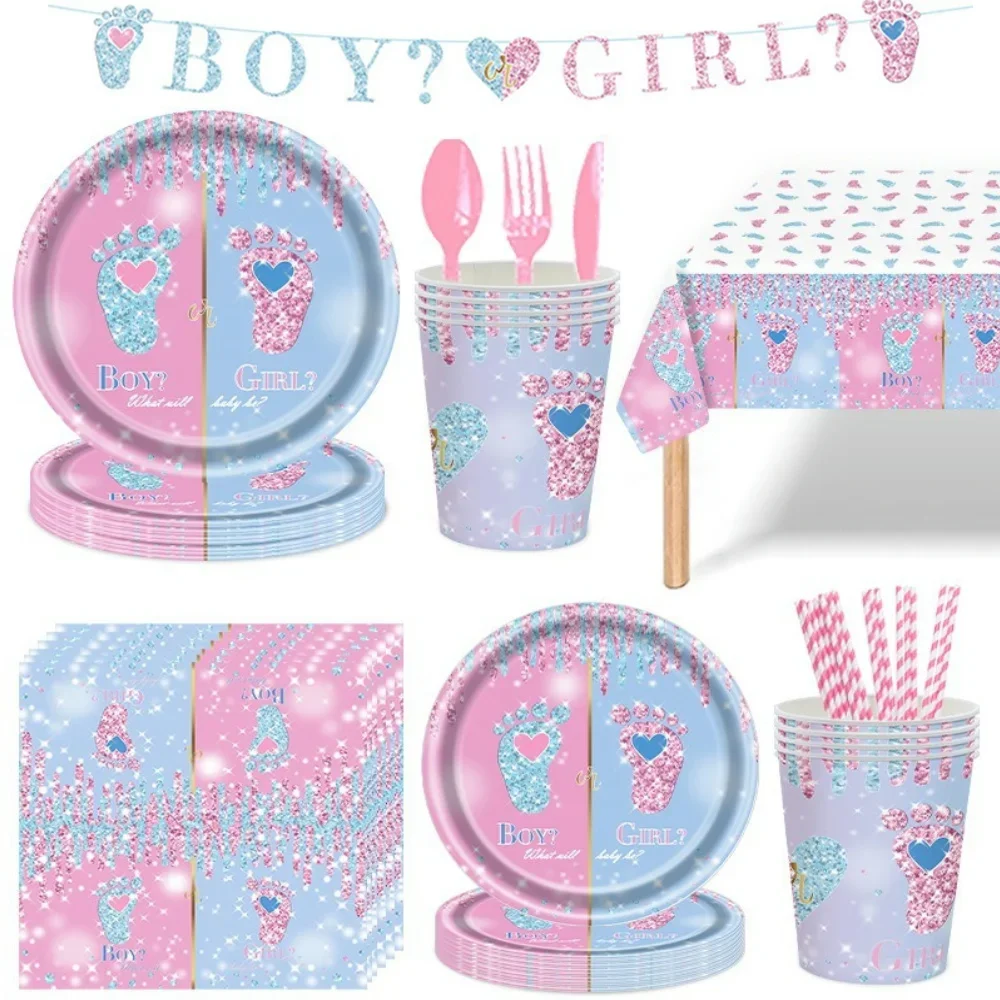 Kønsafsløring engangsservice dreng eller pige babyshower paptallerkener kopper dug servietter fødselsdagsfestpynt