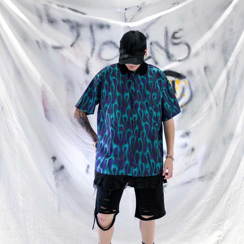 Mørkt ikon blå flamme hawaiiansk skjorte street herreskjorte oversized skjorter for menn