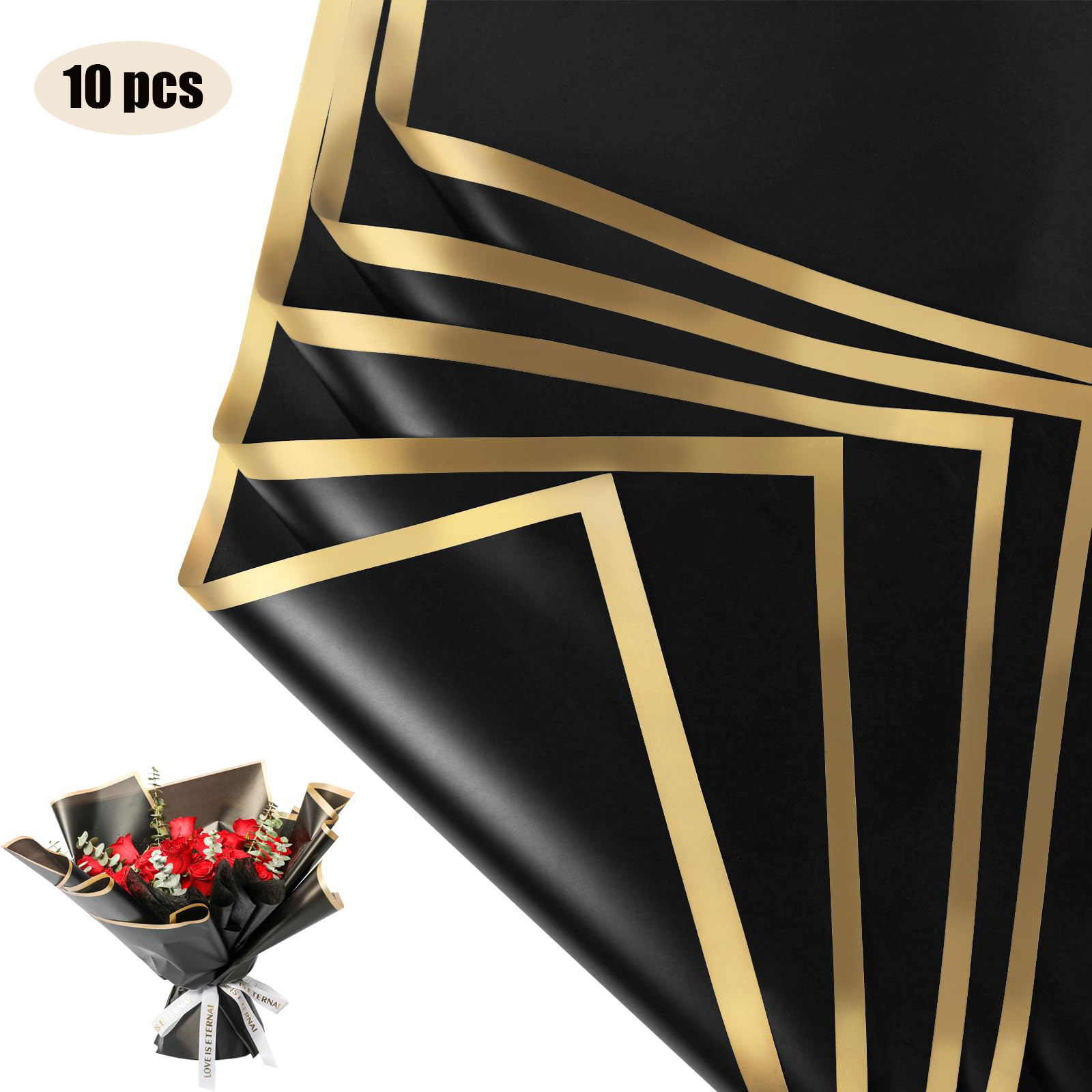 10 Sheets Flower Wrapping Paper with Golden Edges, Waterproof Bouquet Packaging - Ideal for DIY Weddings & Birthdays: DARK GRAY