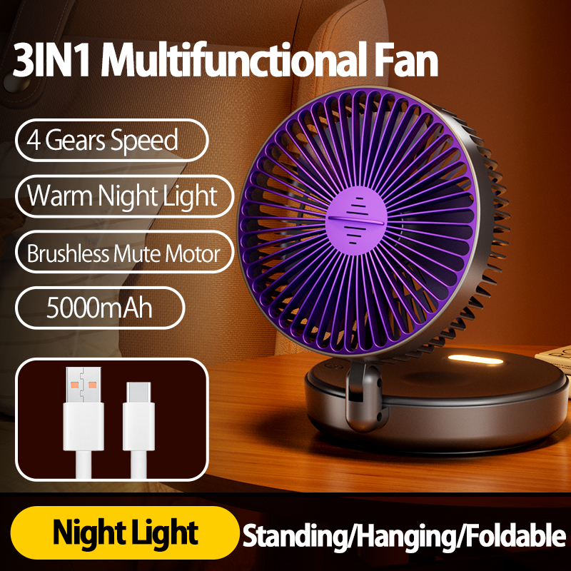 2024 Neuer Stil 5000 mAh kleiner tragbarer Ventilator, wiederaufladbarer Wandventilator 90 ° Faltbarer Tischventilator mit 4 Gängen und warmem Nachtlicht: YELLOW