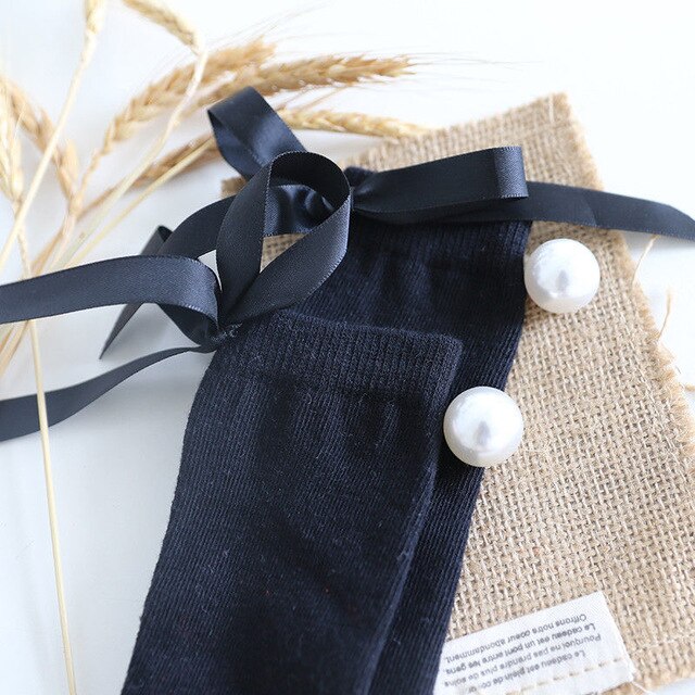Baby Kid Girl Bowknot Pearl Stocking Solid Cotton Pantyhose Stockings Autumn Winter Princess Warm Tights 0-7Y: Black / M