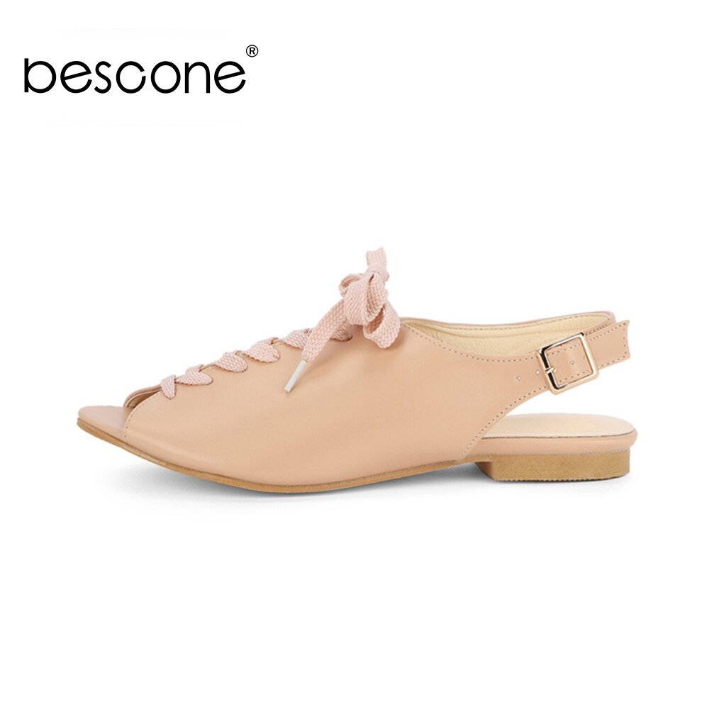 BESCONE Casual Women Sandals Peep Toe 1cm Flat With Slip-On Cross-Strap Buckle Decoration Shoes Solid Sandals BM388