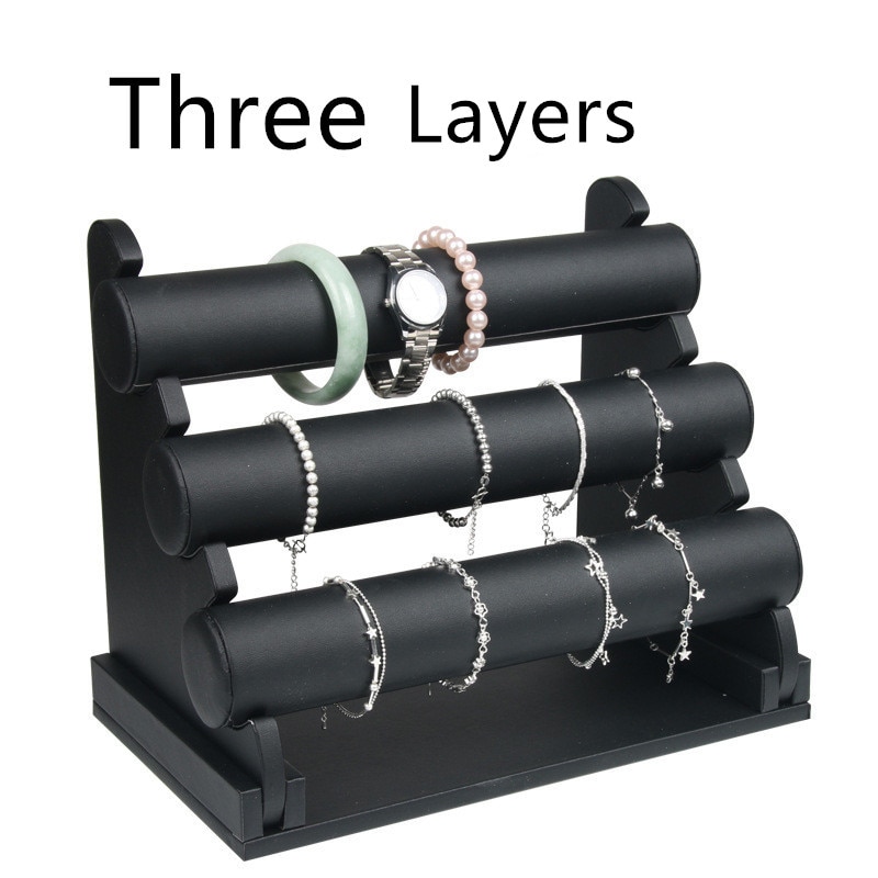 1pcs Vintage PU Leather / Velvet Bracelet Chain Watch T-Bar Rack Jewelry Organizer Hard Display Stand Holder: 3 Layers PU Black