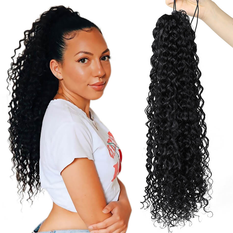 Beauty On Line Jerry Curly Clip in Ponytail Extension 22 Inches Synthetic Drawstring Curly Hair Piece Black Brown Ombre Color