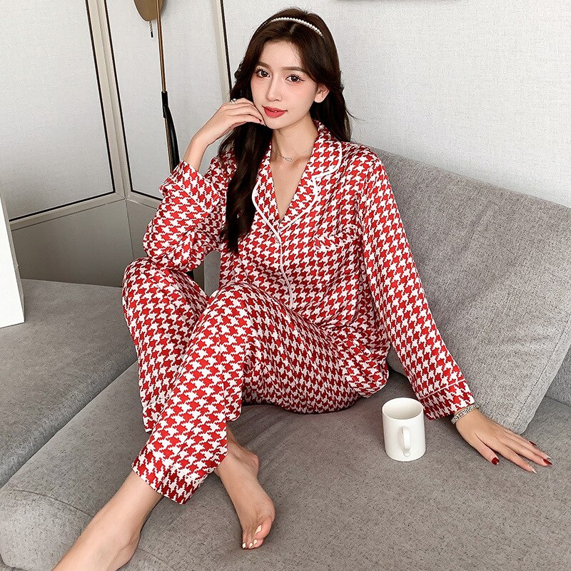 QWEEK Houndstooth Pajamas Women Silk Autumn Pijama Casual Sleepwear Bedroom Set Piece Loungewear Pyjamas Long Sleeve Pjs