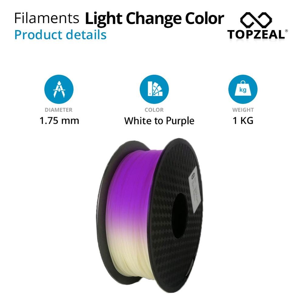 TOPZEAL 3D Printer PLA Filament Light Change Color, 1KG 1.75mm White To Purple, Dimensional Accuracy +/- 0.05mm