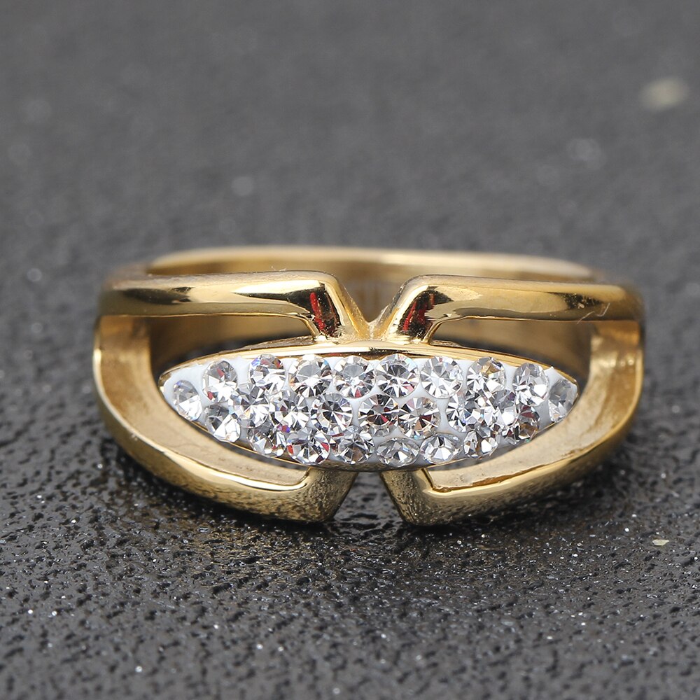 Anel de dedo de aço inoxidável de alta qualidade da cor do ouro com anel de noivado cristal jóias de casamento para as mulheres anel anel