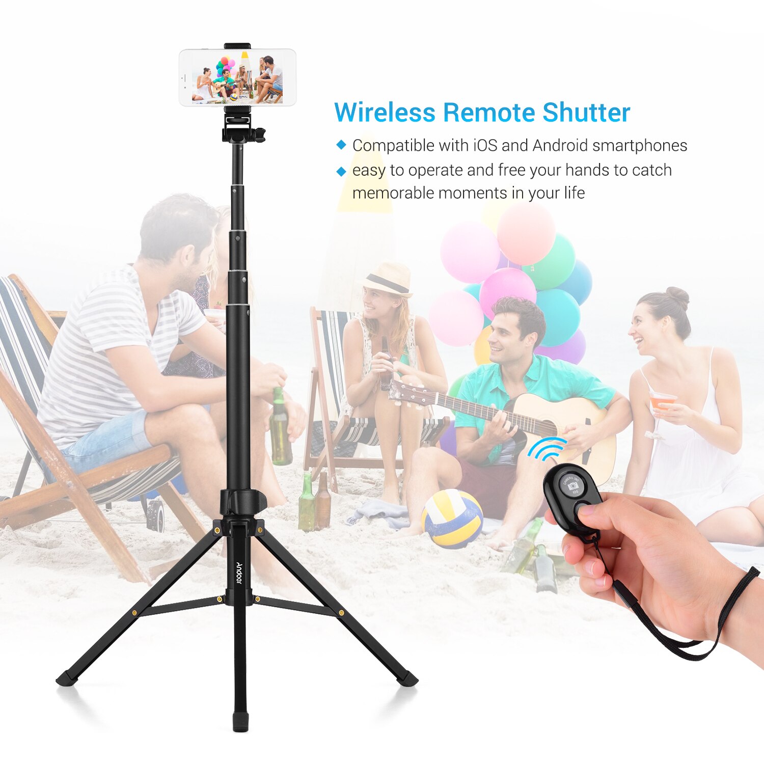 Andoer 1.5M/59 &quot;2-In-1 Statief + Uitschuifbare Selfie Stok Aluminium Legering Met telefoon Houder Afstandsbediening Sluiter Voor Iphone Android