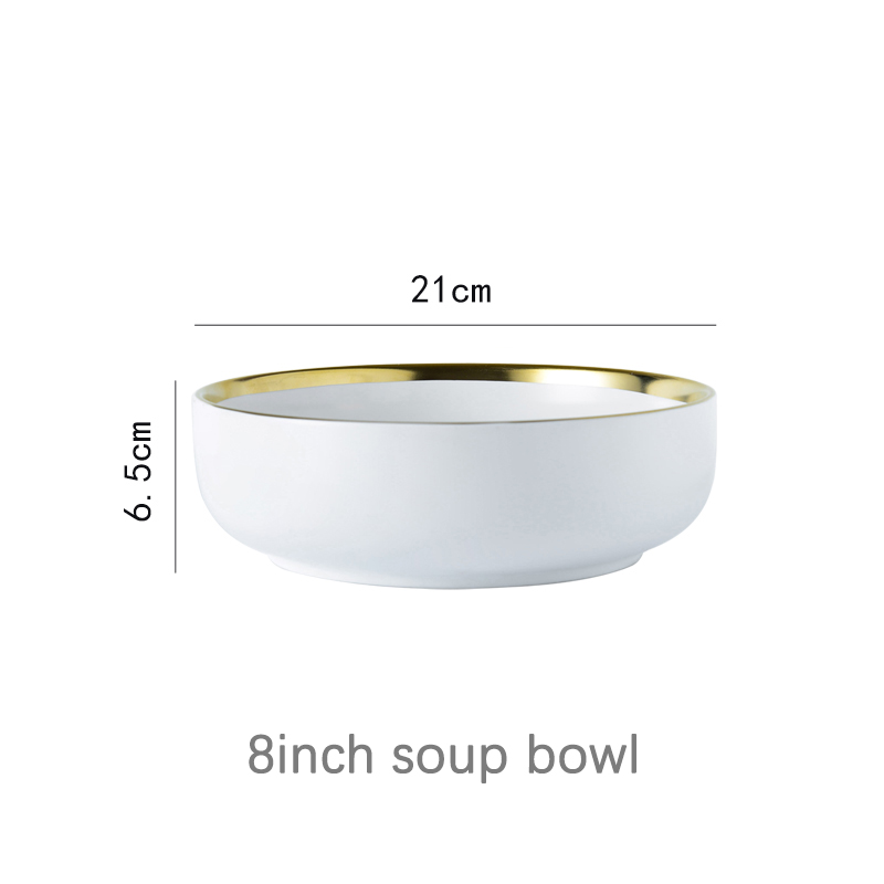 Juego de vajilla de porcelana con borde dorado, plato de cerámica para pastel, comida, ensalada, sopa, tazón, vajilla para restaurante: 8inch soup bowl