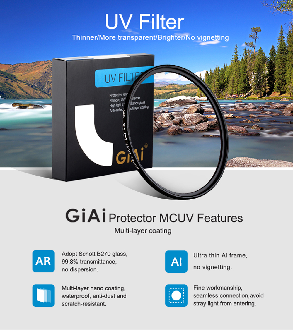 GiAi-filtro UV ultradelgado, Protector de lente de cámara con revestimiento de 18 capas, 77mm, 72mm, 67mm, 62mm, 58mm, 55mm, 52mm, para Nikon, Canon y Sony