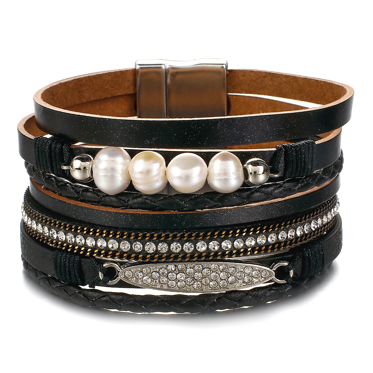 ALLYES Vintage Multilayer Leather Crystal Bracelet for Women Men Beads Pearl Charms Wrap Bracelets Femme Jewelry: Black