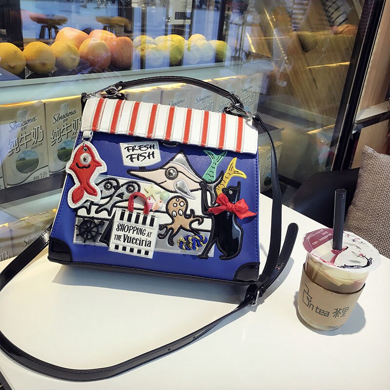 Dames pu leren handtassen vrouwelijke cartoon messenger bags dames portemonnee schoudertas casual tote bags: Blauw