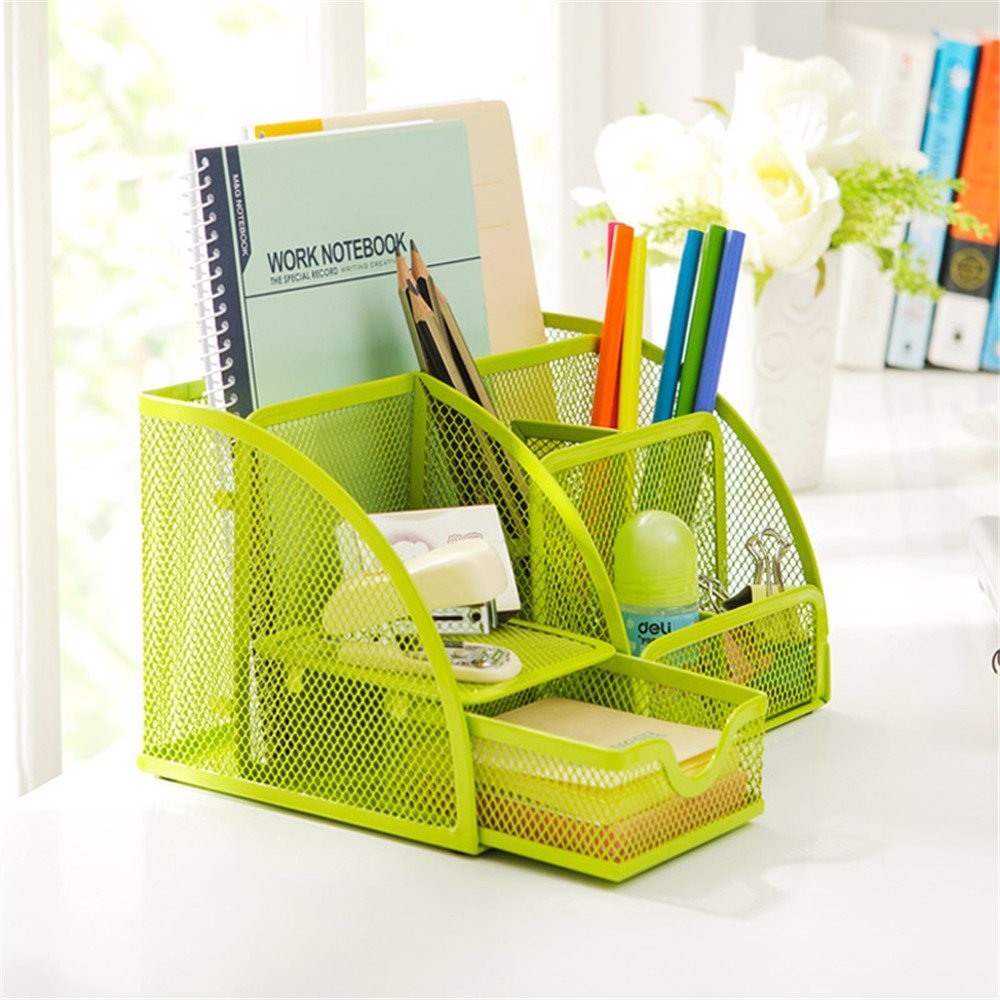 Mesh Desk Organizer --Office/Home Desktop Caddy Pencil Holder with 6 Compartments (Green)
