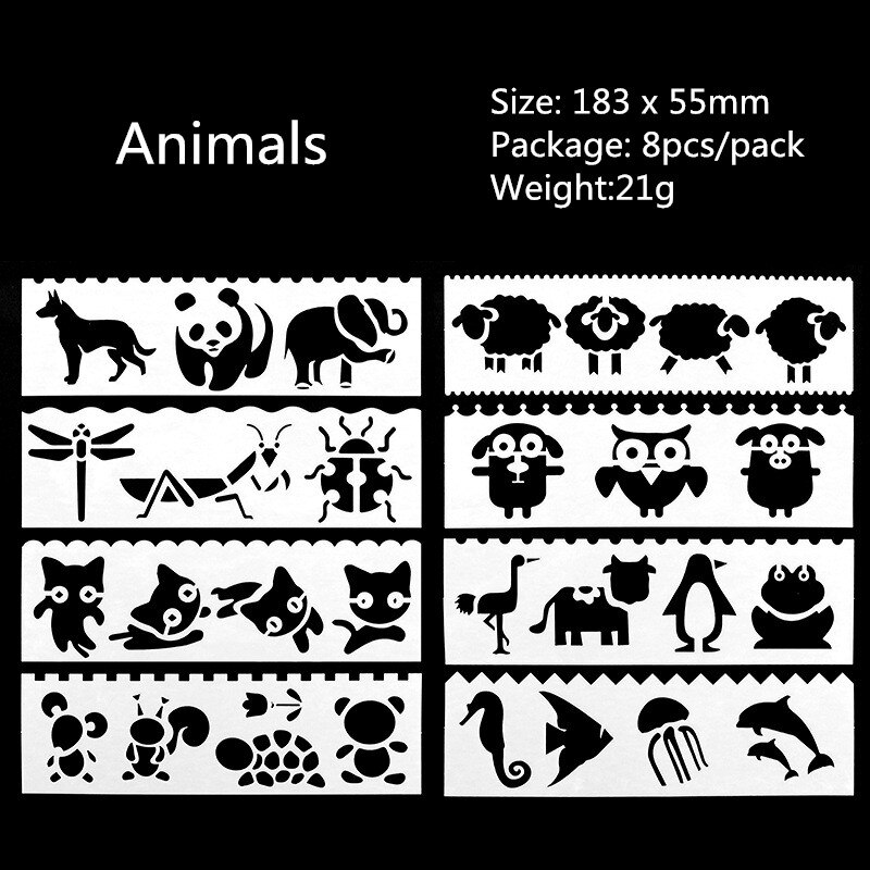 8 Stks/pak Sjabloon Heerser Leuke Multifunctionele Hollow Tekening Liniaal Voor Kinderen Student Briefpapier School Kantoorbenodigdheden: Animals