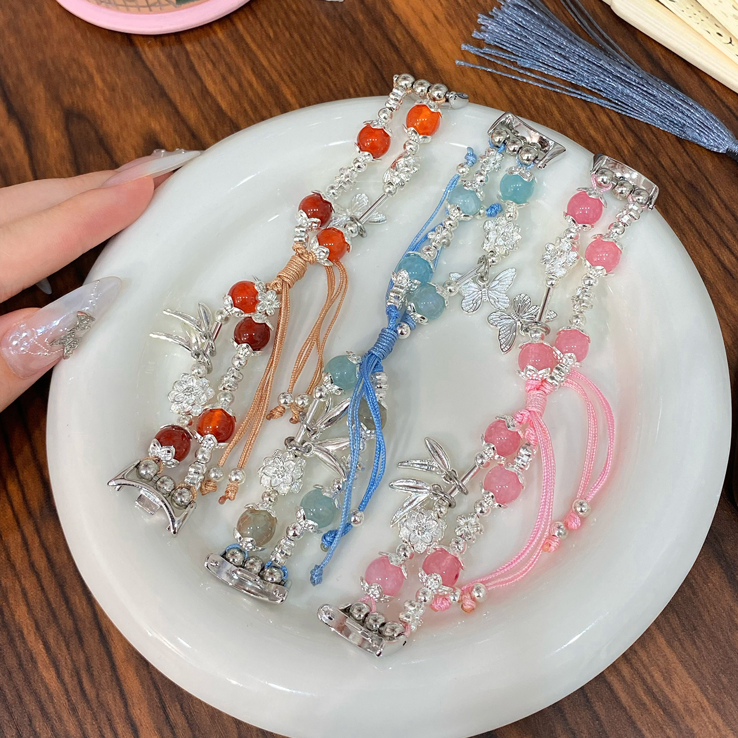 For xiaomi mi Band 8 straps Mi3 4 6 5 7 Model transparent PC watch frame Chinese bow beaded strap Mi8 9 Metal connector