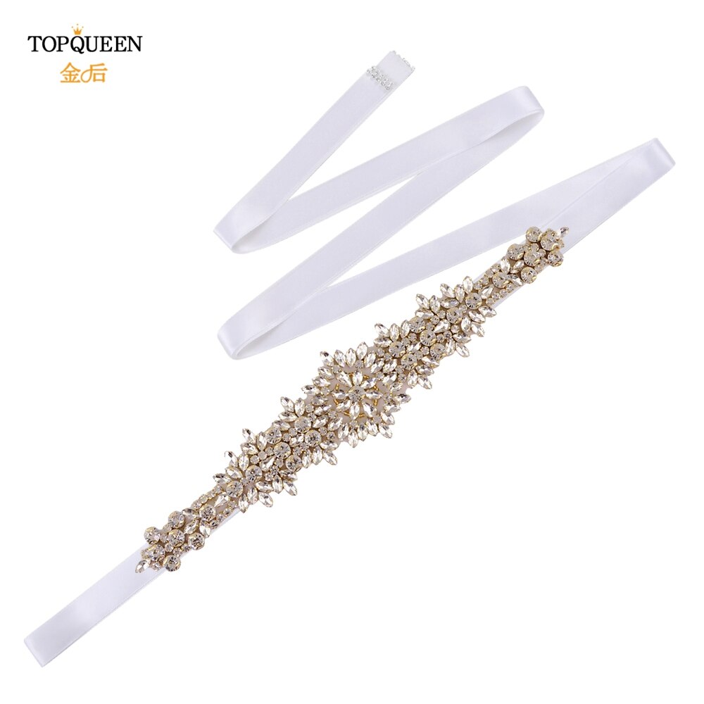 TOPQUEEN-cinturones para vestidos de novia de talla grande S319-G, cinturones dorados para mujer, cinturón de diamantes de imitación, cinta de lujo para novia, faja de boda: White ribbon