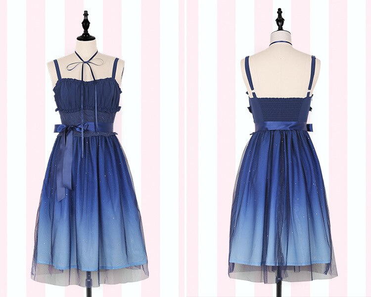 Lolita robe robe japonaise Kawaii femmes ciel étoilé dégradé bleu jarretelle en mousseline de soie robe de fée fille printemps doux Lolita SL2927: short dress / M